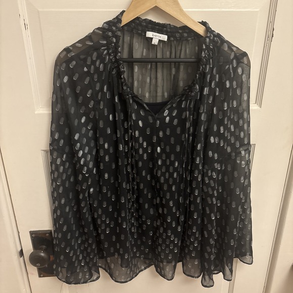 Maette Women's Black Ruffle Top Silver Dots Sheer Lined Size Large - Picture 8 of 8